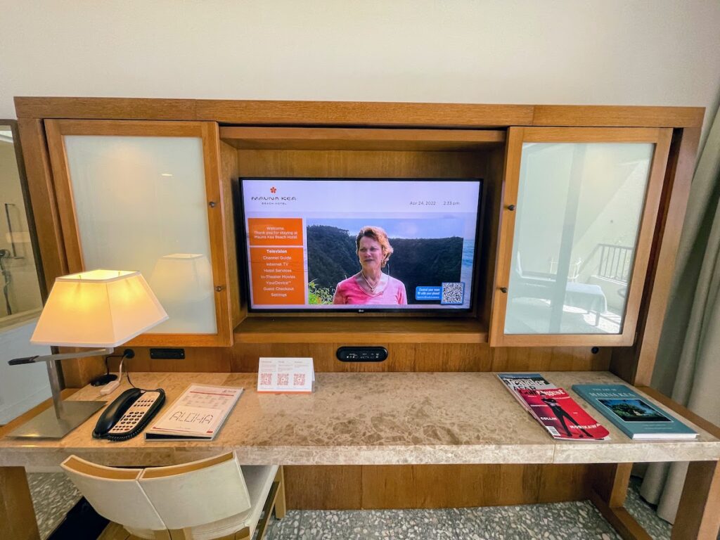 Review & Video: Mauna Kea Beach Hotel, Autograph Collection Hawaii Calling a tv on a counter