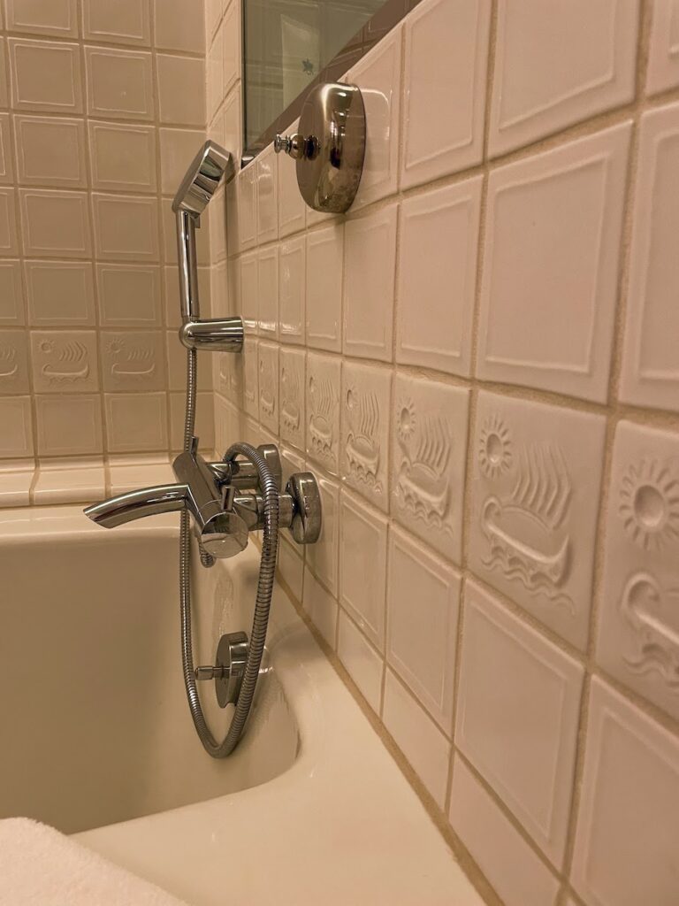 a shower head and faucet in a bathroom