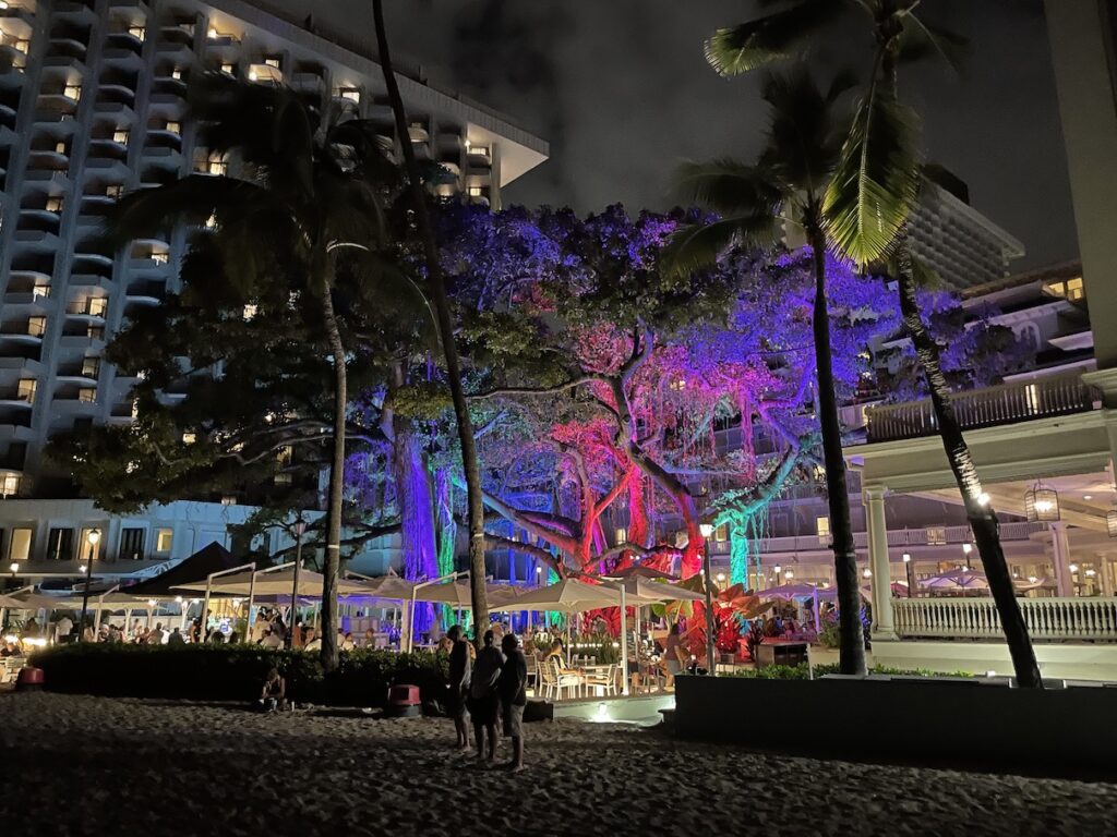 Review & Video: Moana Surfrider, Waikiki Beach Beauty Hawaii Calling people walking on a beach with trees and lights