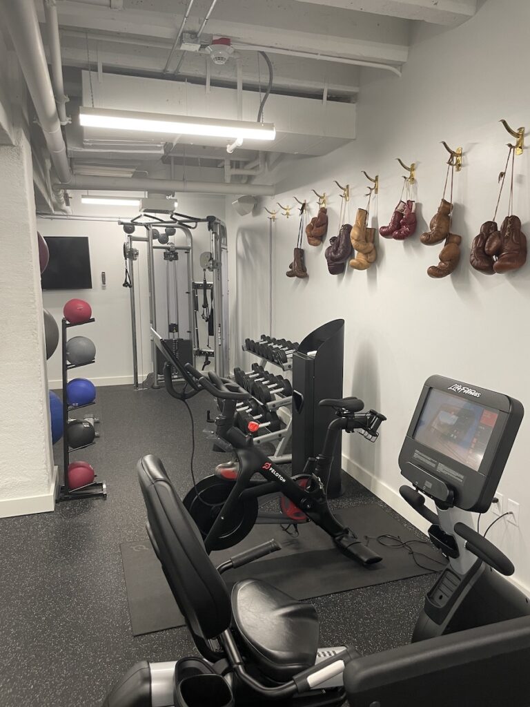 Review & Video: The Guild Hotel, San Diego, a Tribute Portfolio Hotel Hawaii Calling a room with exercise bikes and boxing gloves on hooks