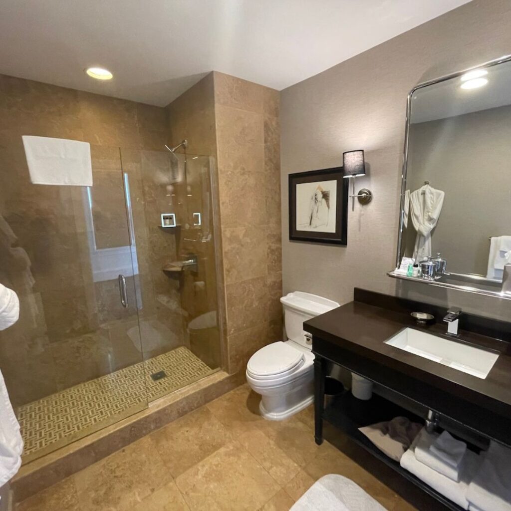 Review & Video: The US Grant, San Diego, a Luxury Collection Hotel Hawaii Calling a bathroom with a glass shower and a sink