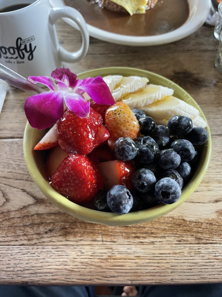 Goofy Cafe & Dine | Breakfast Review Hawaii Calling a bowl of fruit with a flower on top