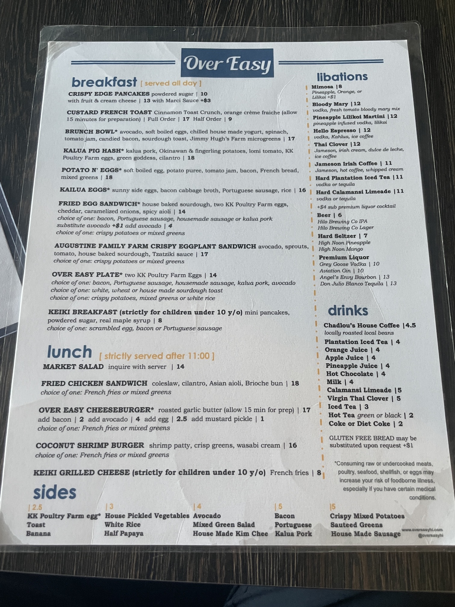 Over Easy Kailua | Breakfast Review Hawaii Calling a menu on a table