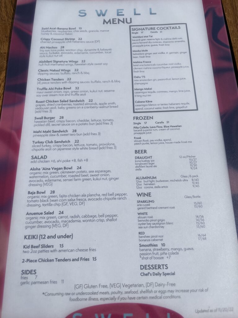 Review & Video: 'Alohilani Resort Waikiki Beach, A Unique Oasis Hawaii Calling a menu of a restaurant