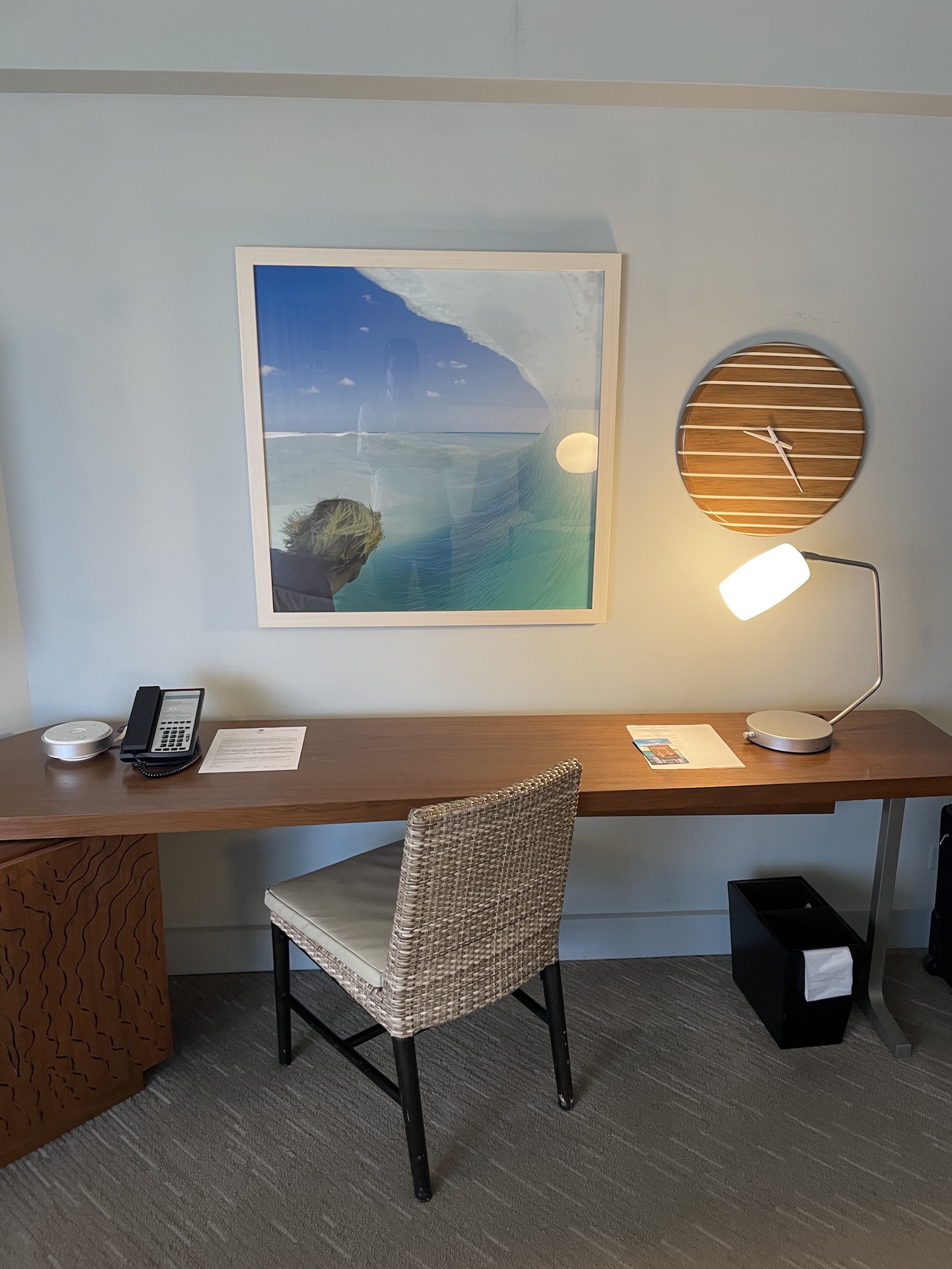 Review: Hyatt Regency Waikiki, Amazing With An Achilles Heel Hawaii Calling a desk with a chair and a lamp on it