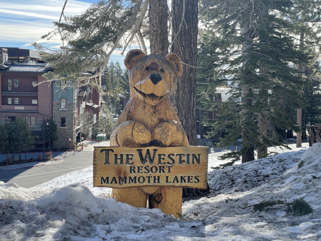 Review & Video: The Westin Monache Resort, Mammoth Mountain Hawaii Calling Wooden carved bear holding Westin Monache sign