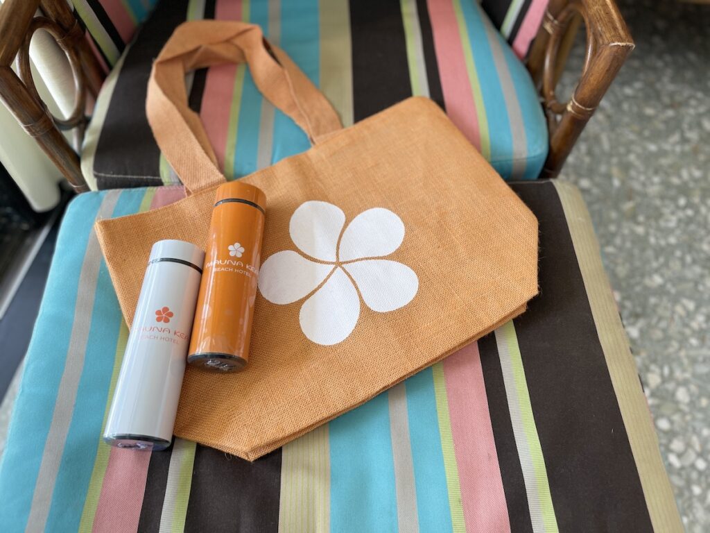 Review & Video: Mauna Kea Beach Hotel, Autograph Collection Hawaii Calling Mauna Kea Beach Hotel branded water bottles and beach bag