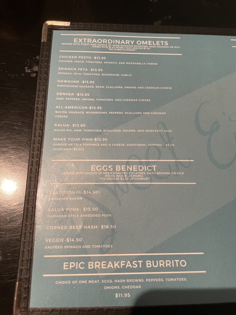 Review: Good Eats At Sweet E's Cafe Hawaii Calling a menu on a table