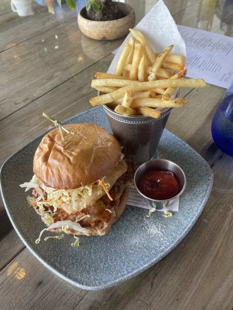 Relaxed Oceanside Hau Tree Brunch Review Hawaii Calling a burger and fries on a plate