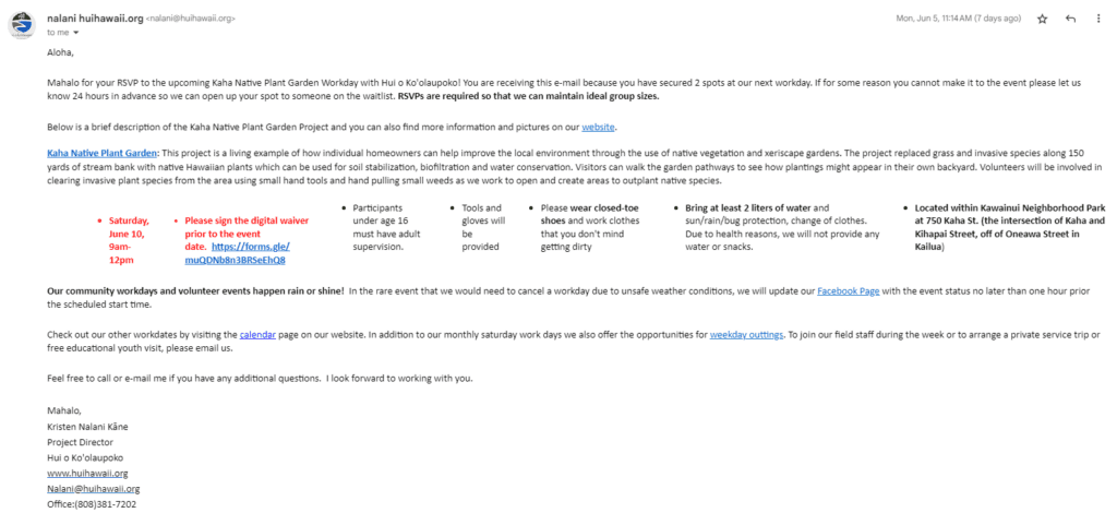 Hui O Ko'olaupoko | Protecting The Ocean By Caring For The Land On Oahu Hawaii Calling a screenshot of a email