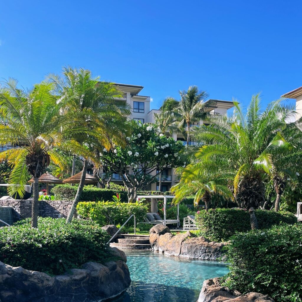 Review Montage Kapalua Bay | Maui Luxury Hawaii Calling a pool with palm trees and bushes in front of buildings
