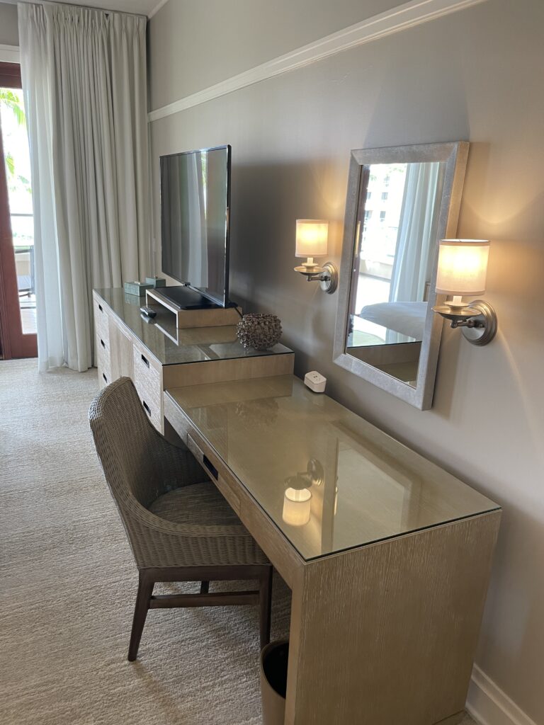 Review Montage Kapalua Bay | Maui Luxury Hawaii Calling a desk with a television and a mirror