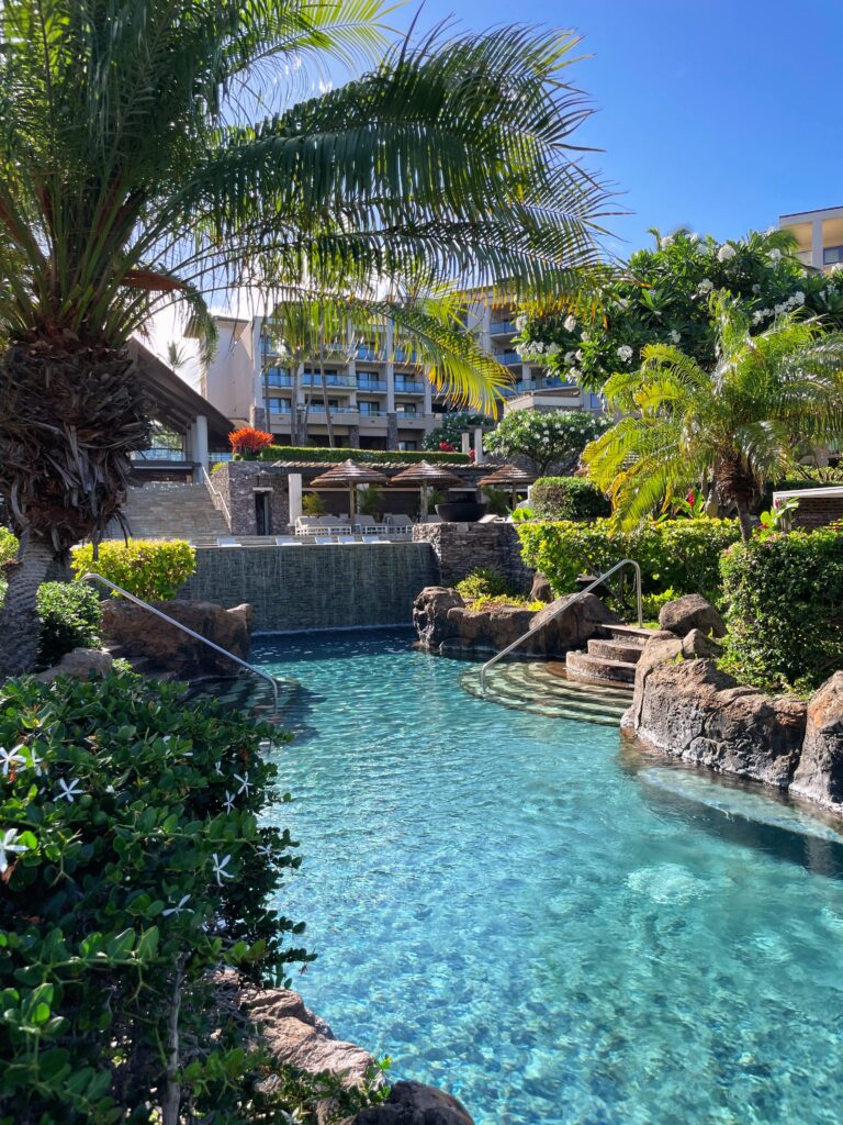 Review Montage Kapalua Bay | Maui Luxury Hawaii Calling a pool with a waterfall and palm trees