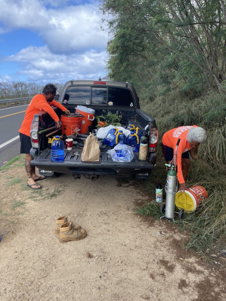 Kaupō Hillside Restoration: How to Get Involved as a Volunteer Hawaii Calling Main meeting area and pickup truck with tools for the Kaupo Hillside Restoration event.