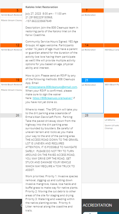 Kaloko Inlet Restoration: The Ultimate Coastal Volunteer Opportunity Hawaii Calling a screenshot of a calendar