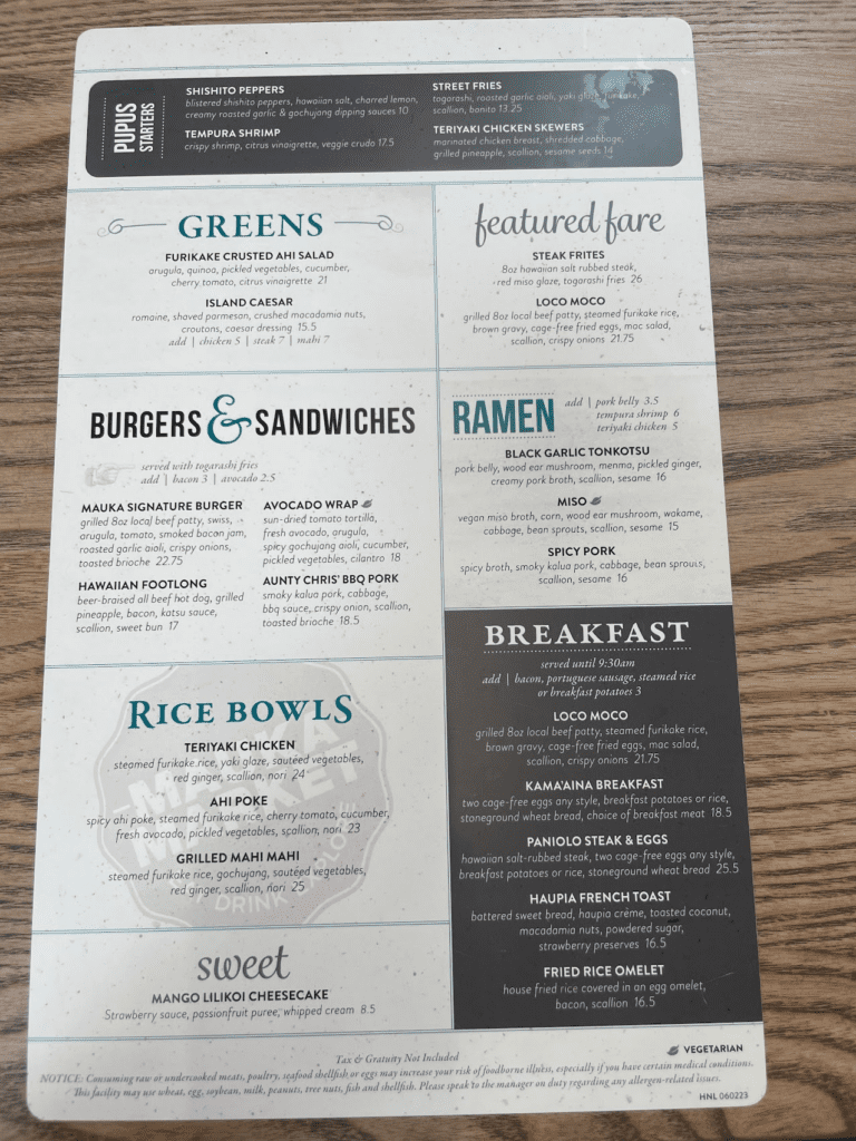 Mauka Market Restaurant Review | Excellent Food At Honolulu Airport Hawaii Calling a menu on a table