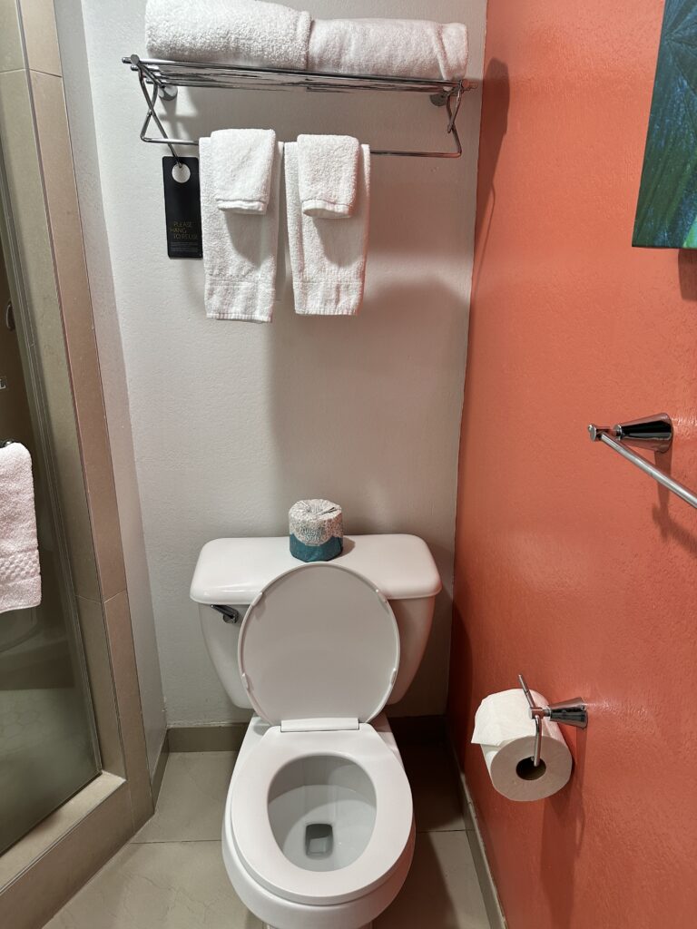Courtyard by Marriott Waikiki Beach Review | Perfectly Positioned Hawaii Calling a toilet with a towel rack and a towel holder