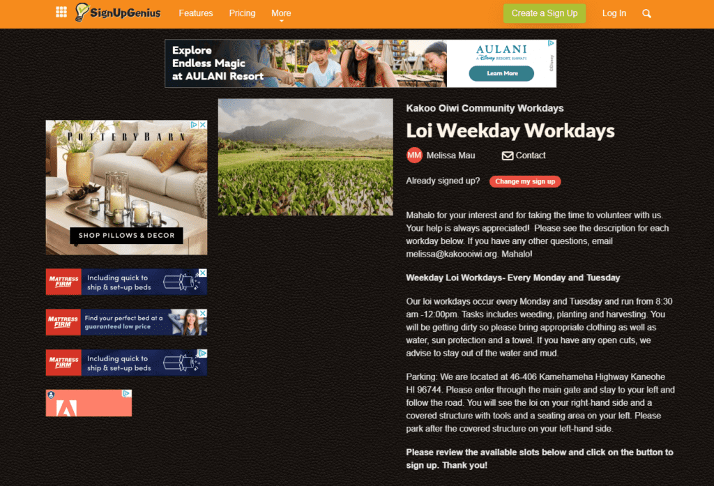 Kākoʻo ʻŌiwi Volunteer Initiative: Unveiling the Spectacular Legacy of Lo'i Hawaii Calling a screenshot of a website