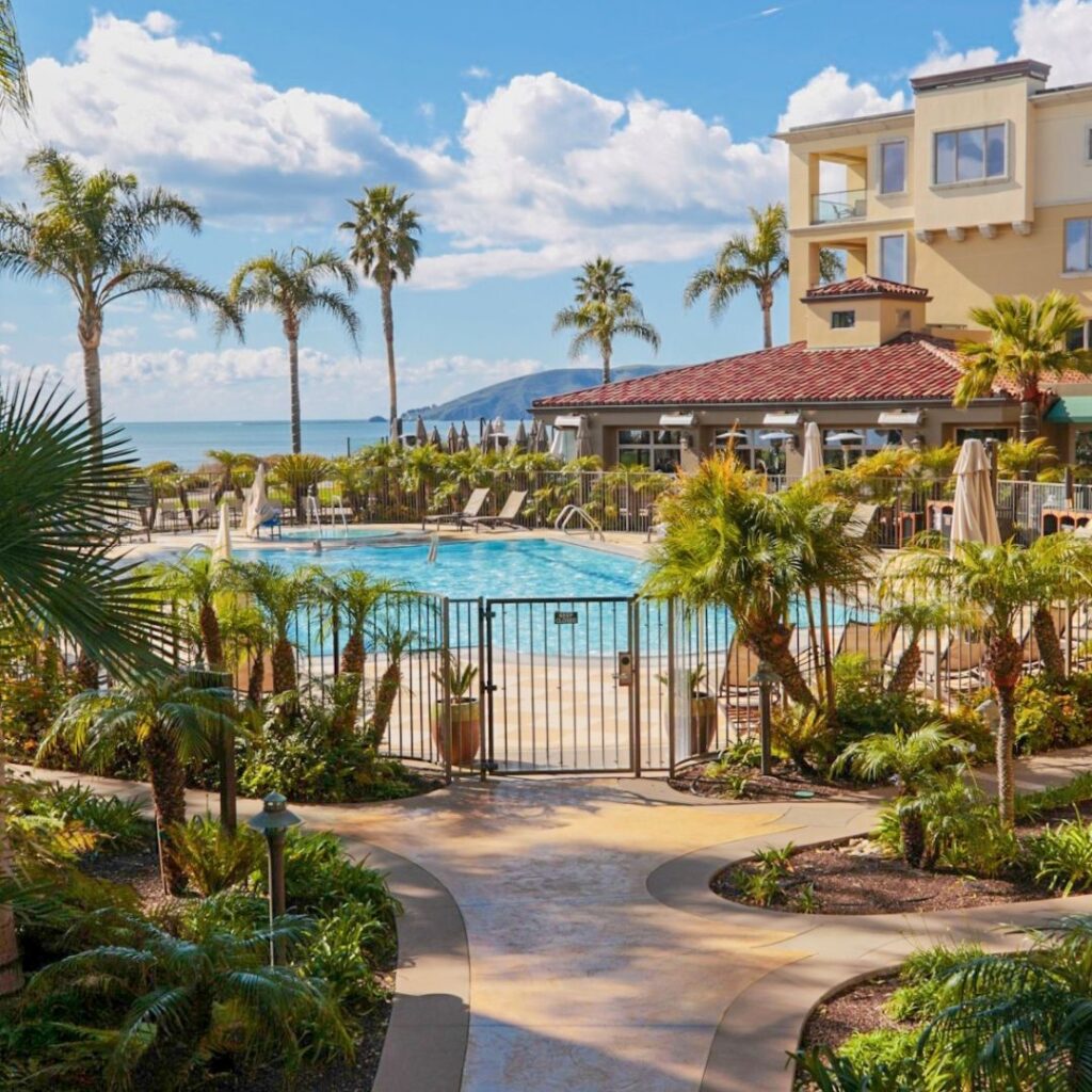 a pool with palm trees and a building