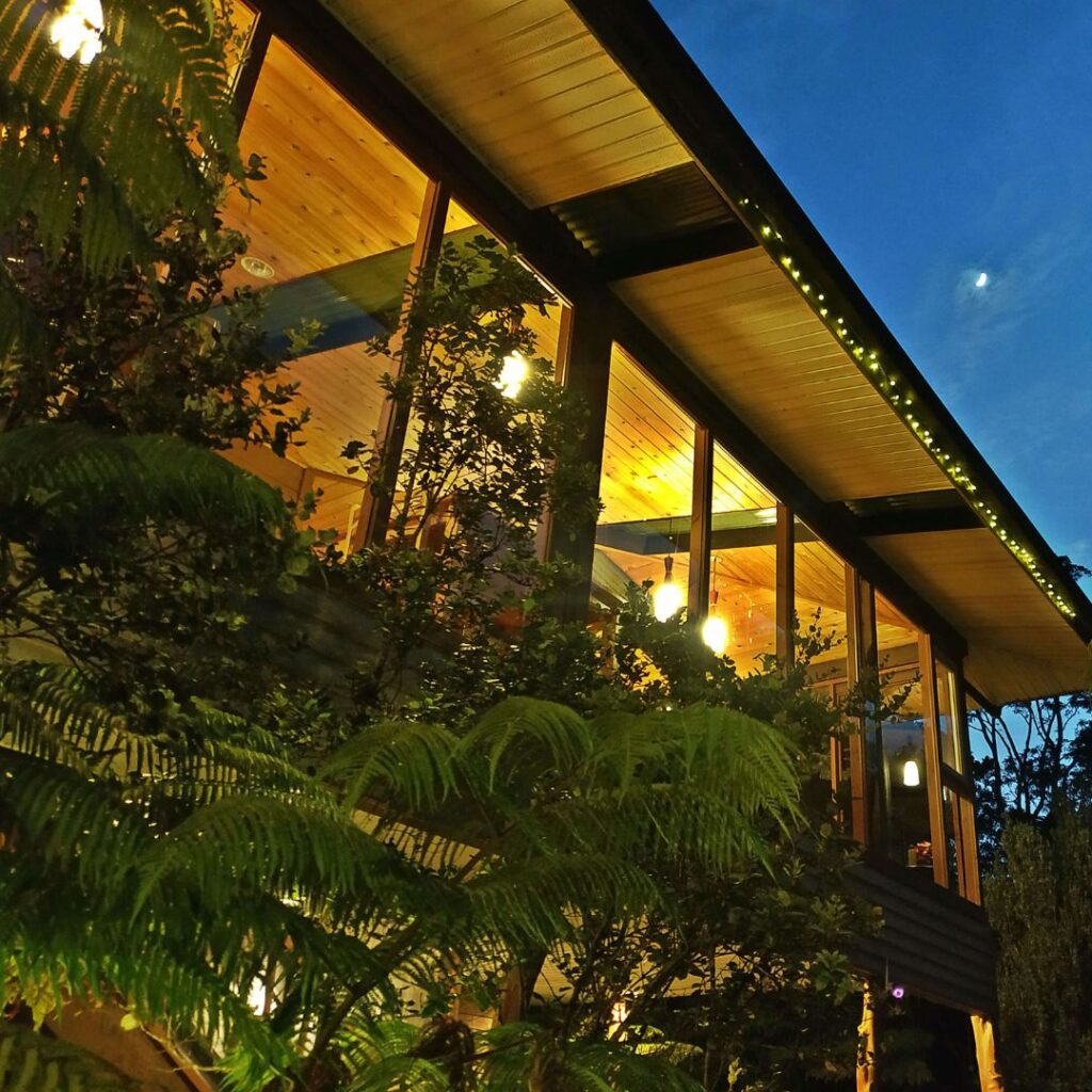 a building with trees and lights