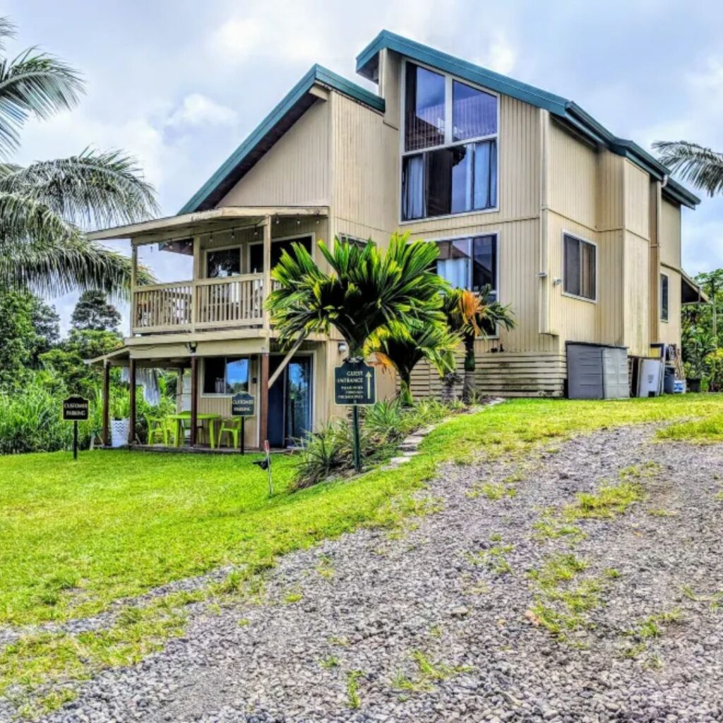 a house with a lawn and palm trees