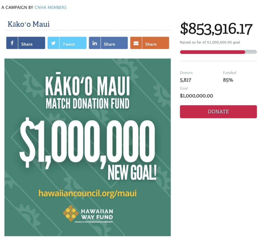Donate to Trusted Maui Charities | Reputable Ways to Help Lāhainā Fire Victims Hawaii Calling a screenshot of a donation box