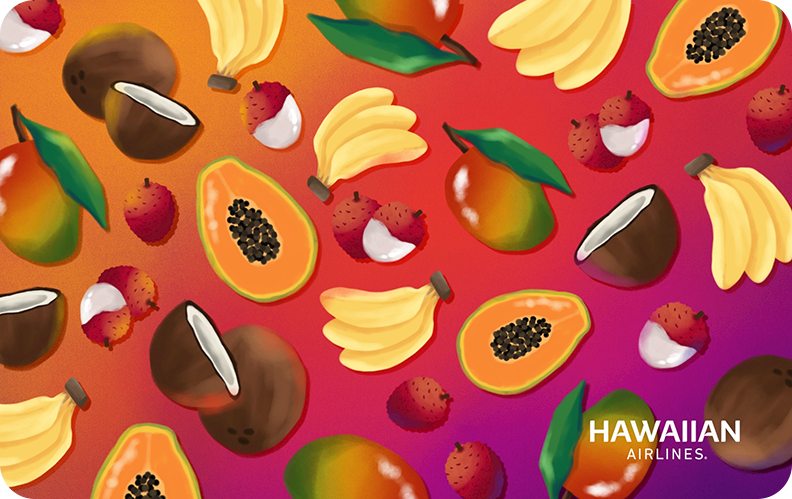 5X Miles With Hawaiian Airlines Gift Cards | Limited Time! Hawaii Calling a colorful background with fruit