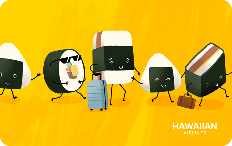 5X Miles With Hawaiian Airlines Gift Cards | Limited Time! Hawaii Calling a group of sushi and rice with luggage
