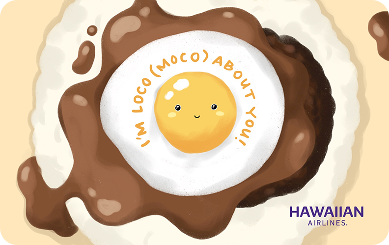5X Miles With Hawaiian Airlines Gift Cards | Limited Time! Hawaii Calling a cartoon of an egg with brown liquid
