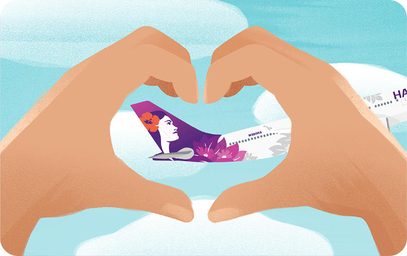 5X Miles With Hawaiian Airlines Gift Cards | Limited Time! Hawaii Calling a hand making a heart with a plane