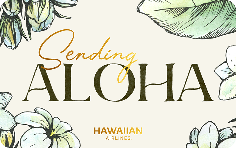 5X Miles With Hawaiian Airlines Gift Cards | Limited Time! Hawaii Calling a white card with green leaves and flowers