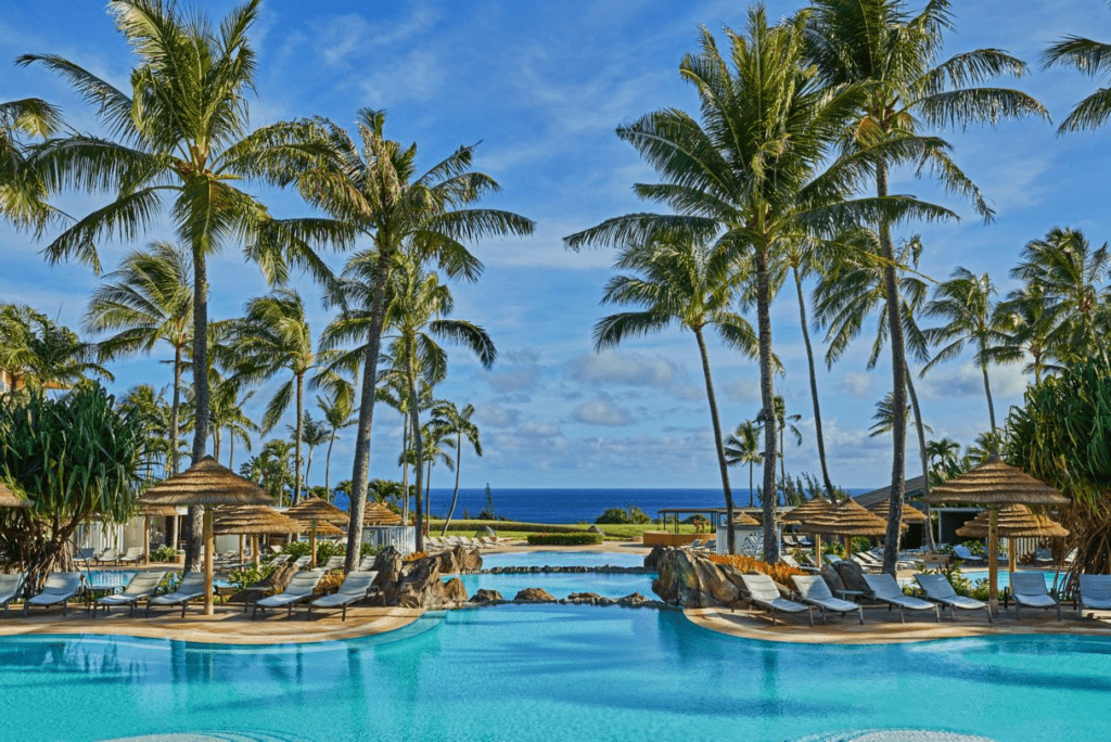 a pool with palm trees and umbrellas