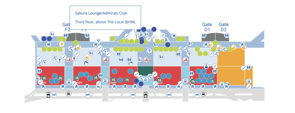 Honolulu Admirals Club | Guide & Review (2025) Hawaii Calling a map of a building with many icons