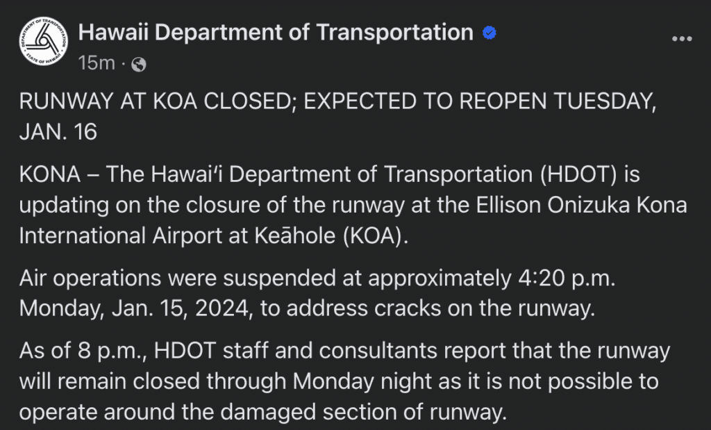 Kona International Airport (KOA) Closed Due To Cracks On Runway Hawaii Calling a screenshot of a black and white text