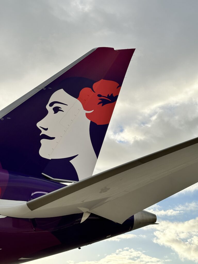 Hawaiian Airlines Boeing 787 Dreamliner Walk Through Hawaii Calling the tail of an airplane with a woman's face on it