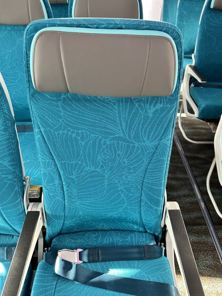 Hawaiian Airlines Boeing 787 Dreamliner Walk Through Hawaii Calling a blue and grey seat on an airplane