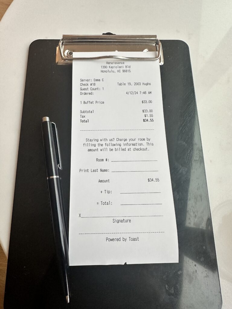 Review: Renaissance Honolulu Hotel & Spa | Oahu's Newest Hotel Hawaii Calling a clipboard with a receipt and a pen