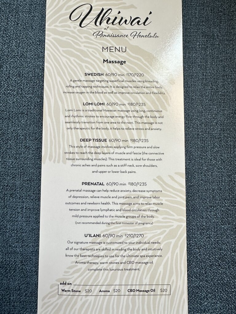 Review: Renaissance Honolulu Hotel & Spa | Oahu's Newest Hotel Hawaii Calling a menu on a blue surface