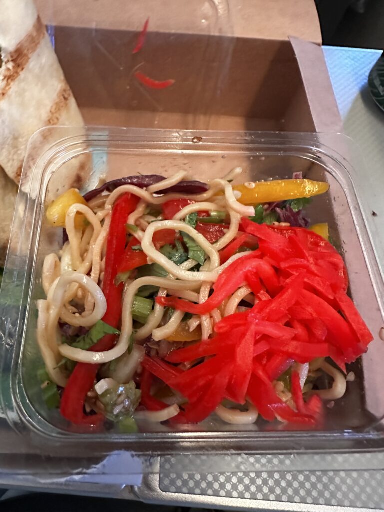 American Airlines DFW-HNL Premium Economy Review | Boeing 777 Hawaii Calling a bowl of noodles and vegetables