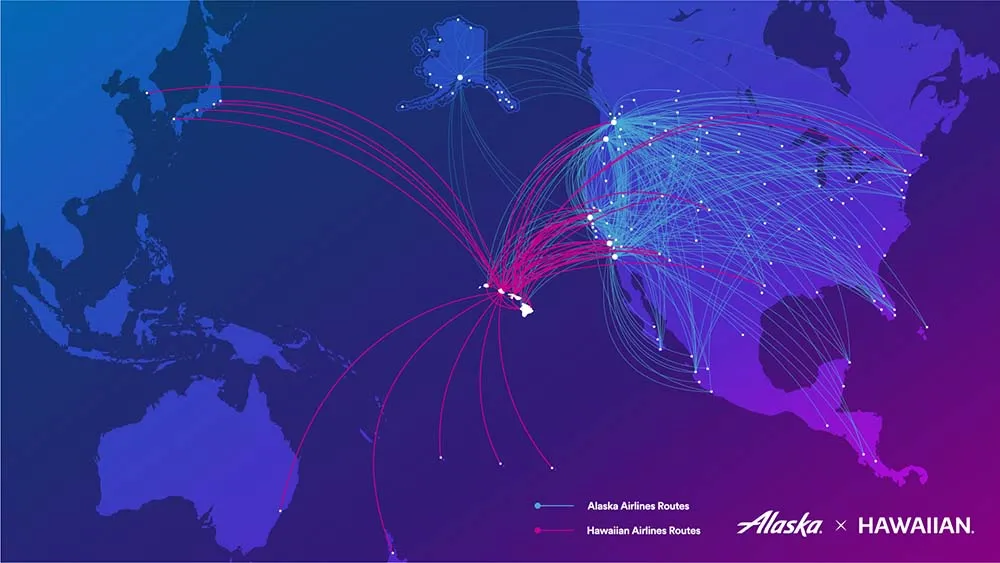 Alaska Air Group Unveils Major Changes: New Routes, Lounges, and Premium Offerings Hawaii Calling a map of the world with lines and dots