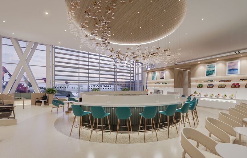 Hawaiian Airlines Unveils First Look at Future Premium Lounge in Honolulu Hawaii Calling a room with a round table and chairs