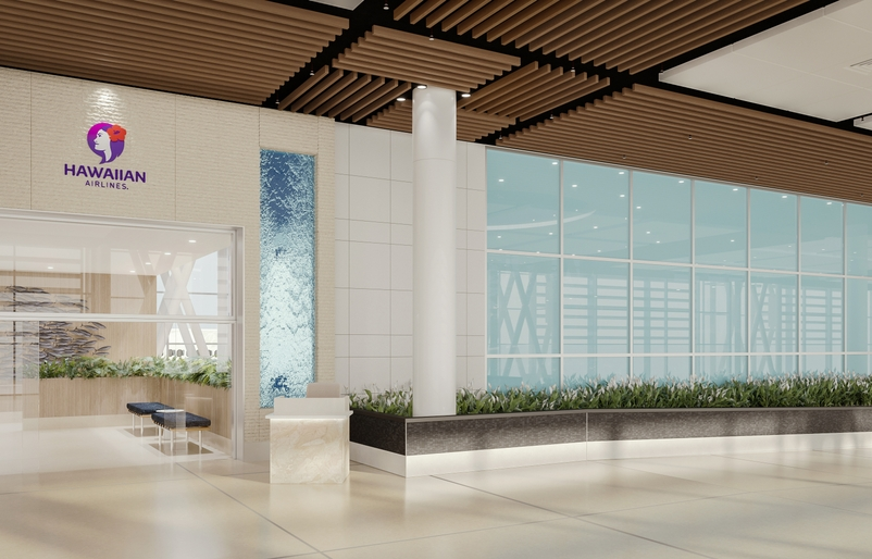 Hawaiian Airlines Unveils First Look at Future Premium Lounge in Honolulu Hawaii Calling a large glass wall with a white column and a blue chair