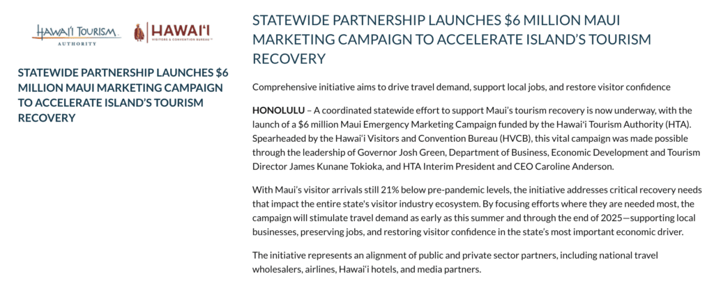 New Hotel Tax Hike Followed by $6M Emergency Campaign to Revive Maui Tourism Hawaii Calling a white text on a blue background