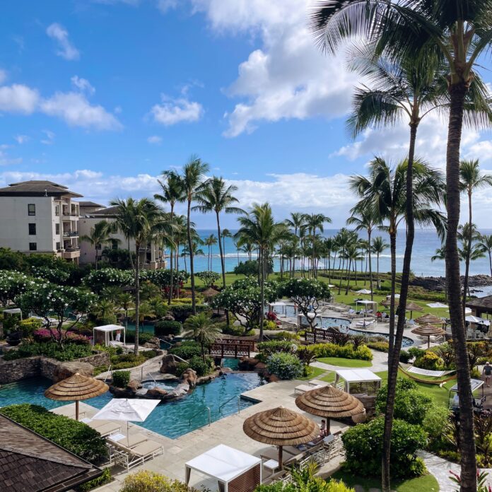 a resort with a pool and palm trees
