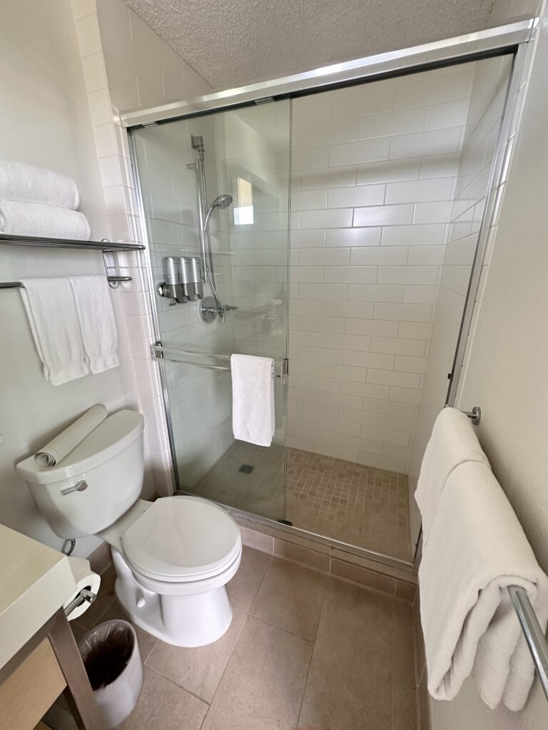 a bathroom with a glass shower door