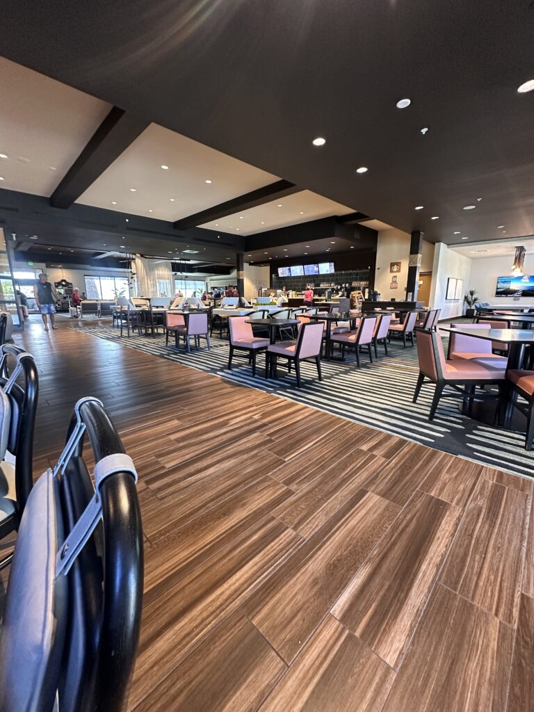 a room with tables and chairs