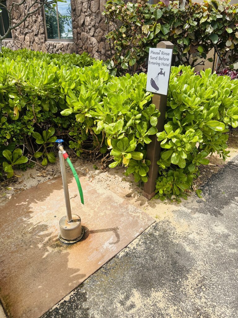 a water pump in front of bushes