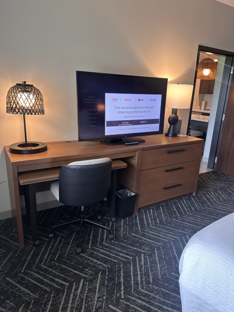 a desk with a tv and a lamp