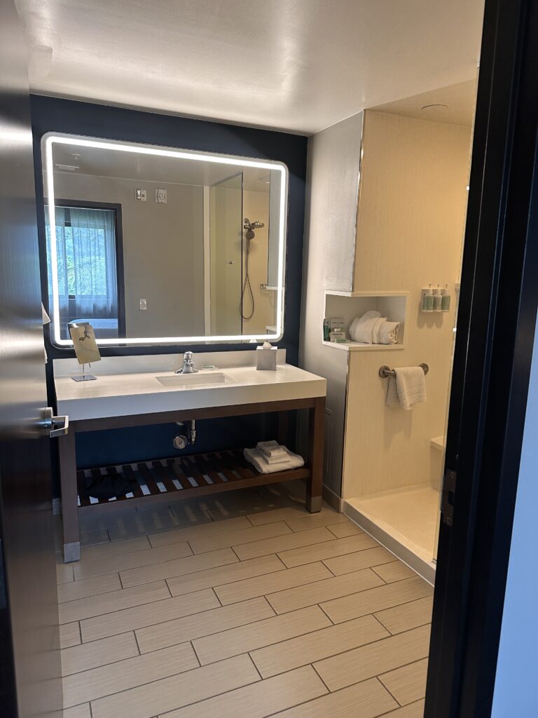 a bathroom with a mirror and a shower
