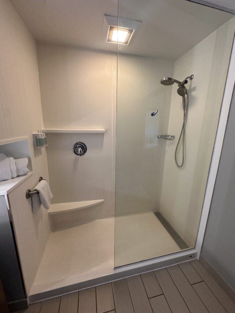a shower with a glass door